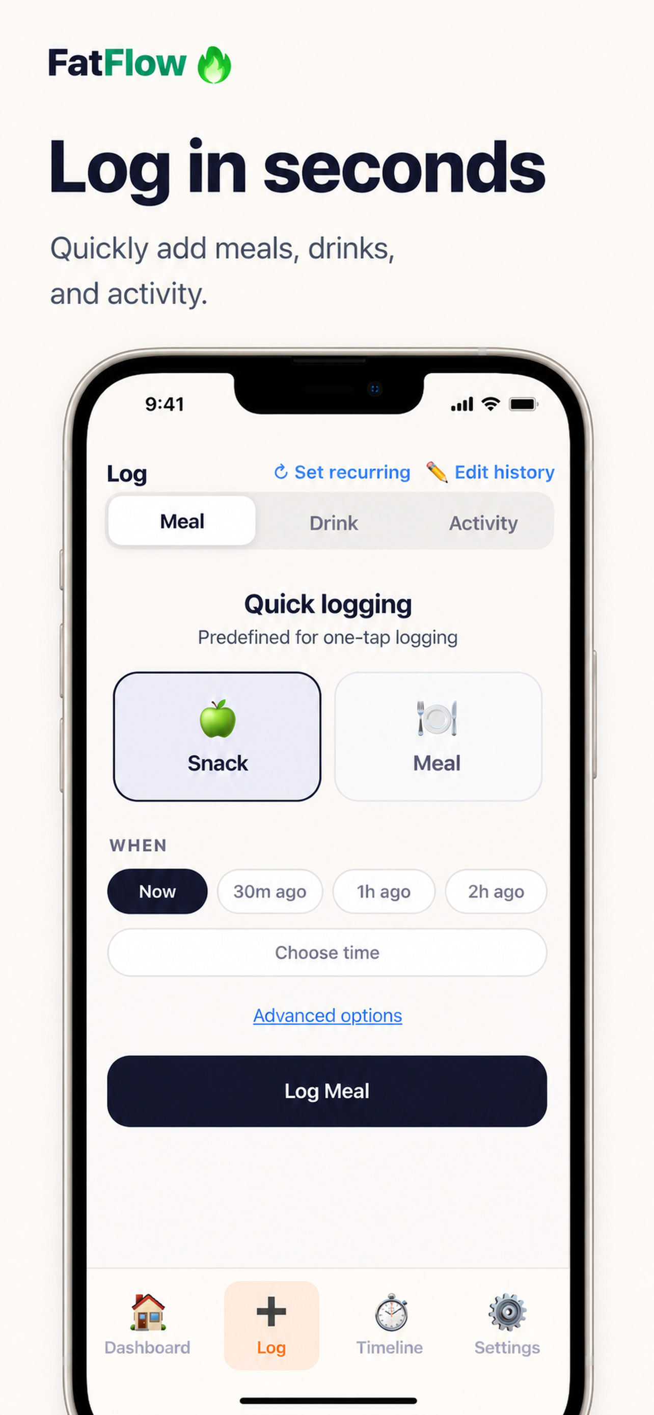 FatFlow log screen with quick one-tap meal and drink logging