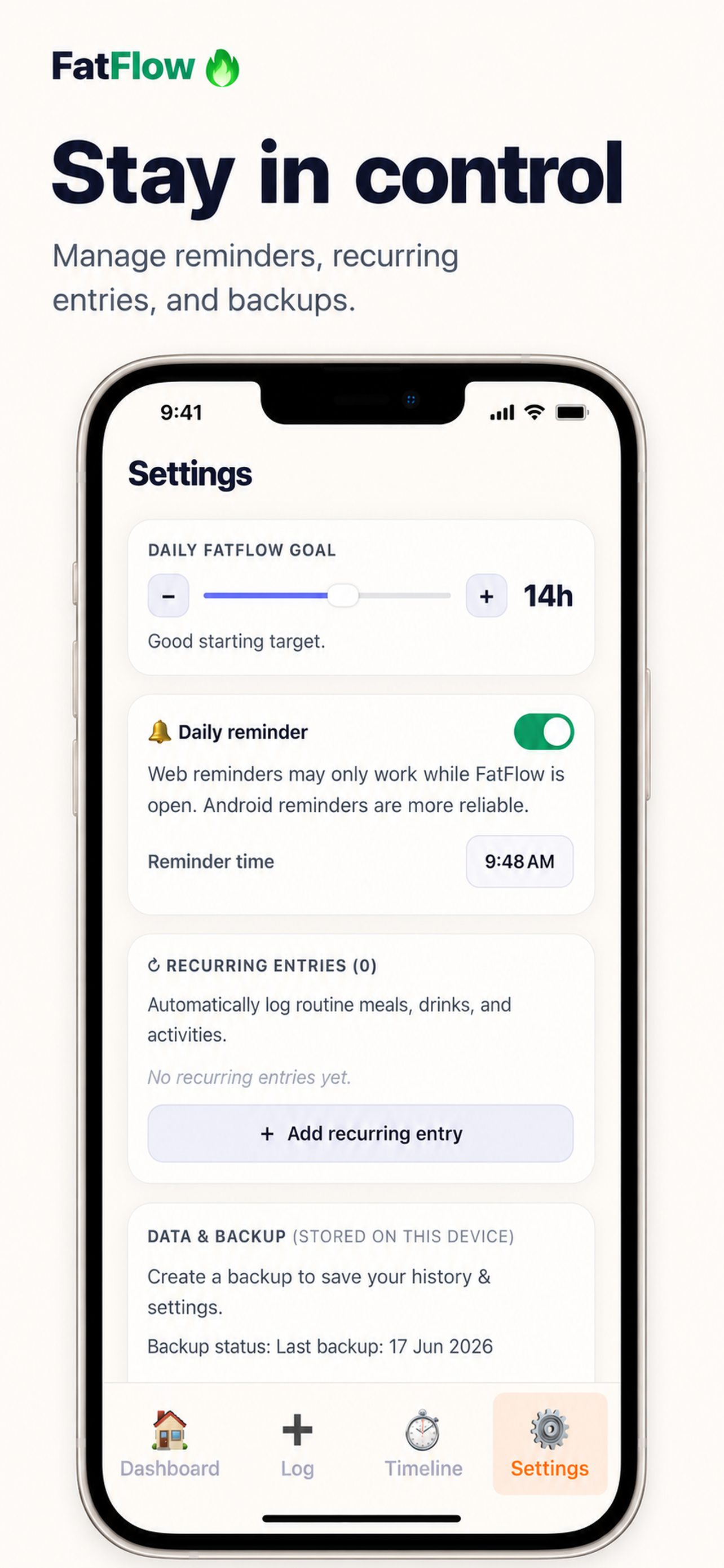 FatFlow settings showing daily goal, reminders, and recurring entries
